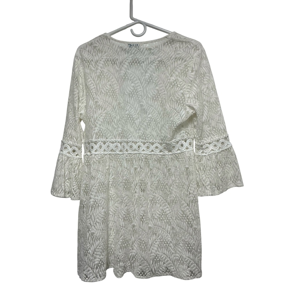 Blue Island White Lace Swim Cover Up Bell Sleeve Tassel Tie Front Large - Picture 2 of 7